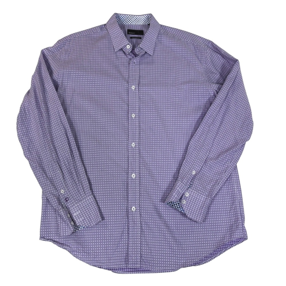 QUIETI Mens XL Fine Cotton Purple Grid Pattern Dress Shirt Long Sleeve Button Up